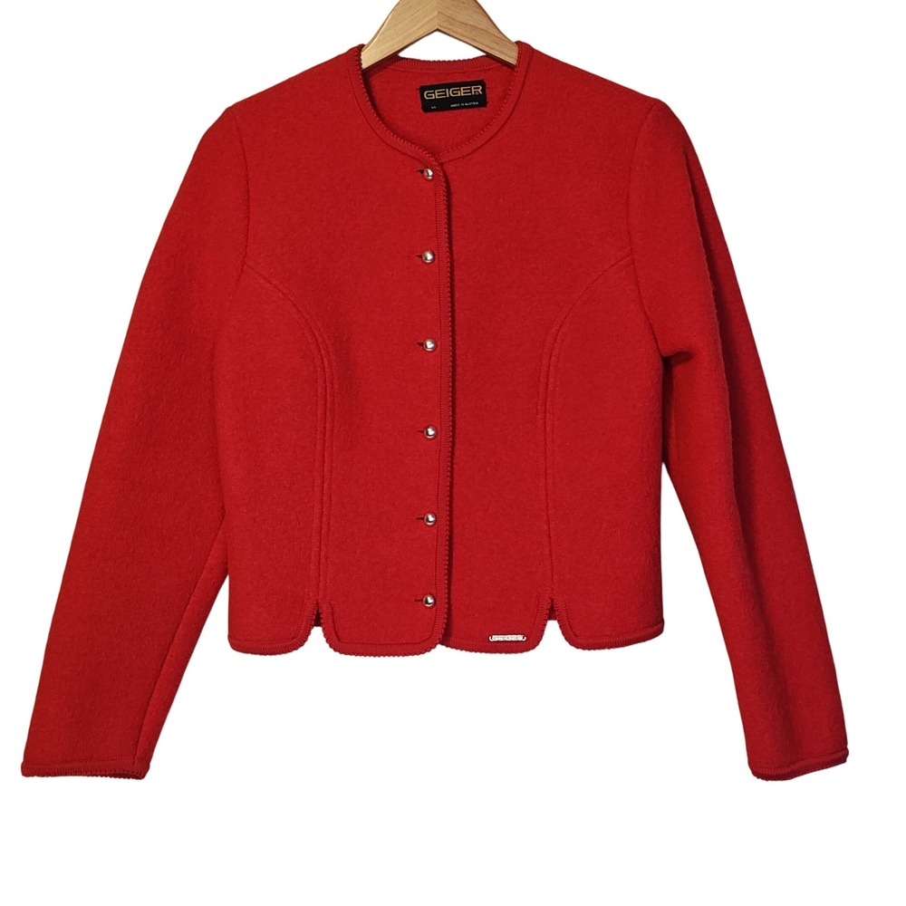 Geiger Boiled Wool Cardigan Jacket Women 44 Red Scalloped Hem Made in Austria